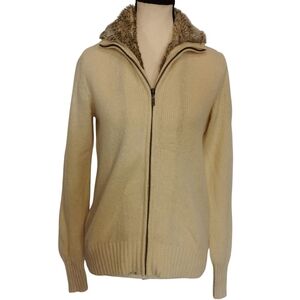 Eddie Bauer Wool/Alpaca Full Zip Beige Cardigan Faux Fur Sz S Open To Offers